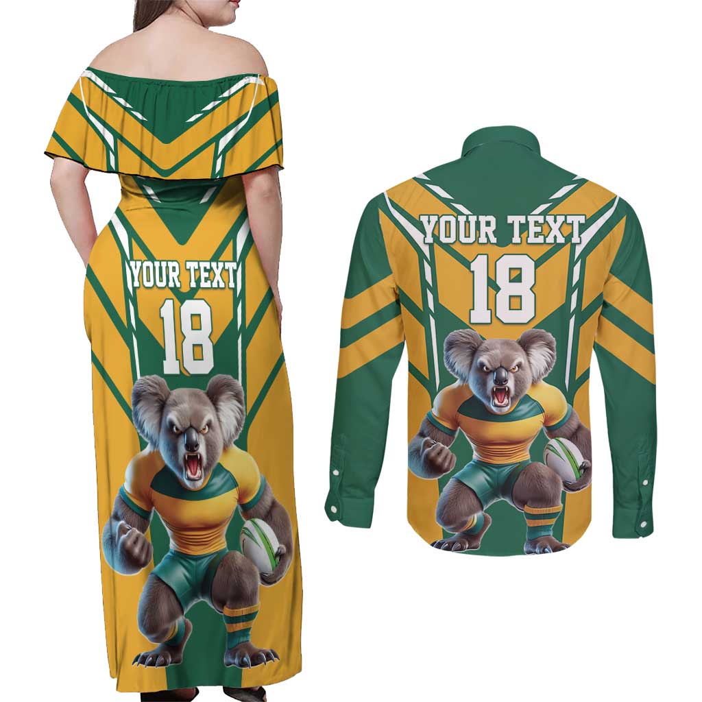 Custom Australia Rugby Couples Matching Off Shoulder Maxi Dress and Long Sleeve Button Shirt Koala Mascot Sporty Style - Aussie Hoodie