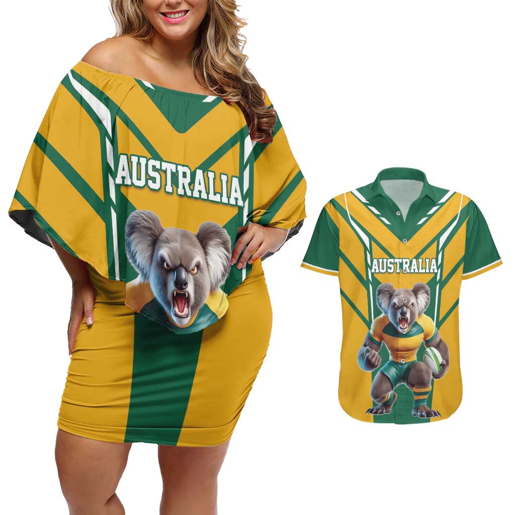 Custom Australia Rugby Couples Matching Off Shoulder Short Dress and Hawaiian Shirt Koala Mascot Sporty Style - Aussie Hoodie