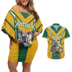 Custom Australia Rugby Couples Matching Off Shoulder Short Dress and Hawaiian Shirt Koala Mascot Sporty Style - Aussie Hoodie