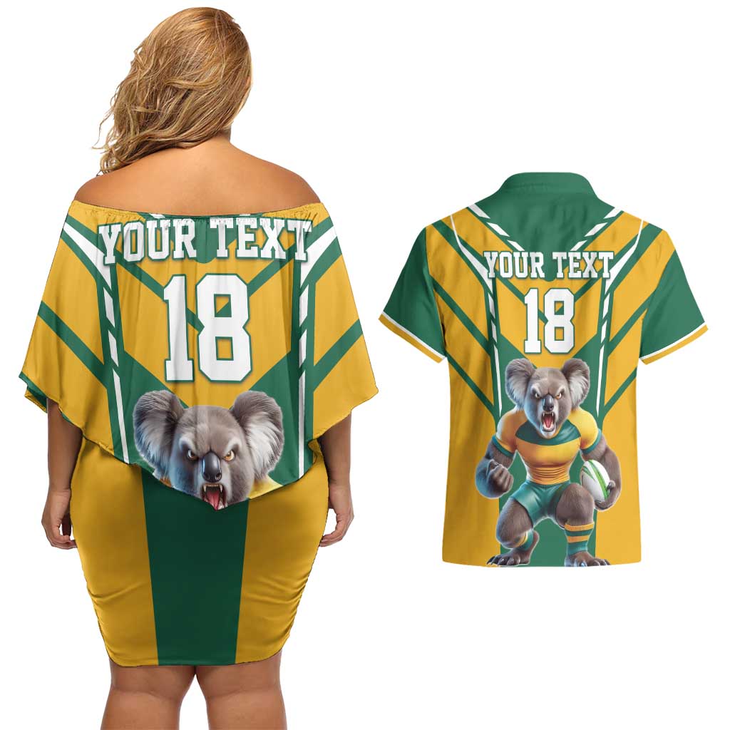 Custom Australia Rugby Couples Matching Off Shoulder Short Dress and Hawaiian Shirt Koala Mascot Sporty Style - Aussie Hoodie