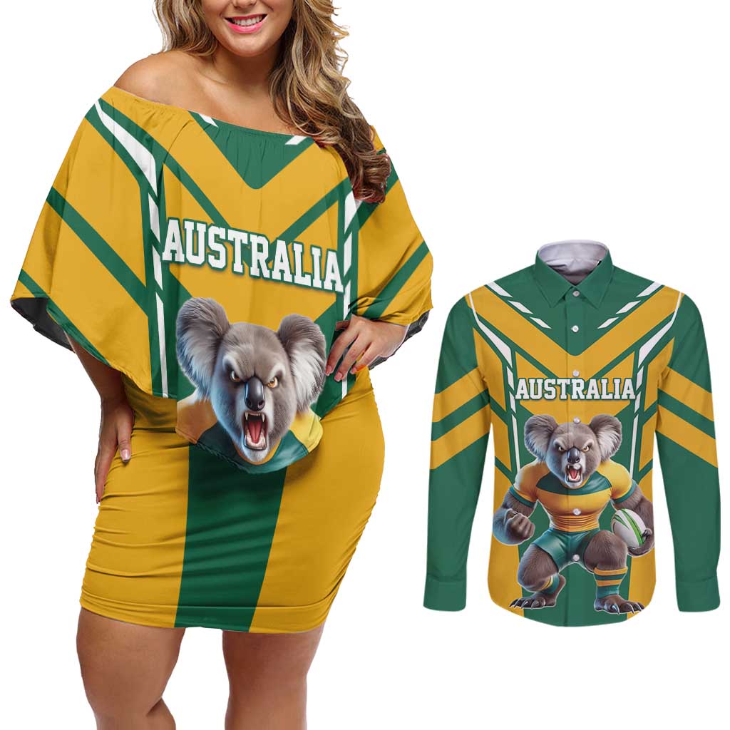 Custom Australia Rugby Couples Matching Off Shoulder Short Dress and Long Sleeve Button Shirt Koala Mascot Sporty Style - Aussie Hoodie