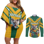 Custom Australia Rugby Couples Matching Off Shoulder Short Dress and Long Sleeve Button Shirt Koala Mascot Sporty Style - Aussie Hoodie