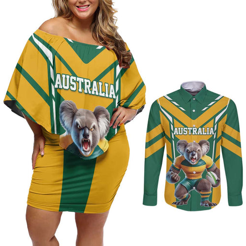 Custom Australia Rugby Couples Matching Off Shoulder Short Dress and Long Sleeve Button Shirt Koala Mascot Sporty Style - Aussie Hoodie