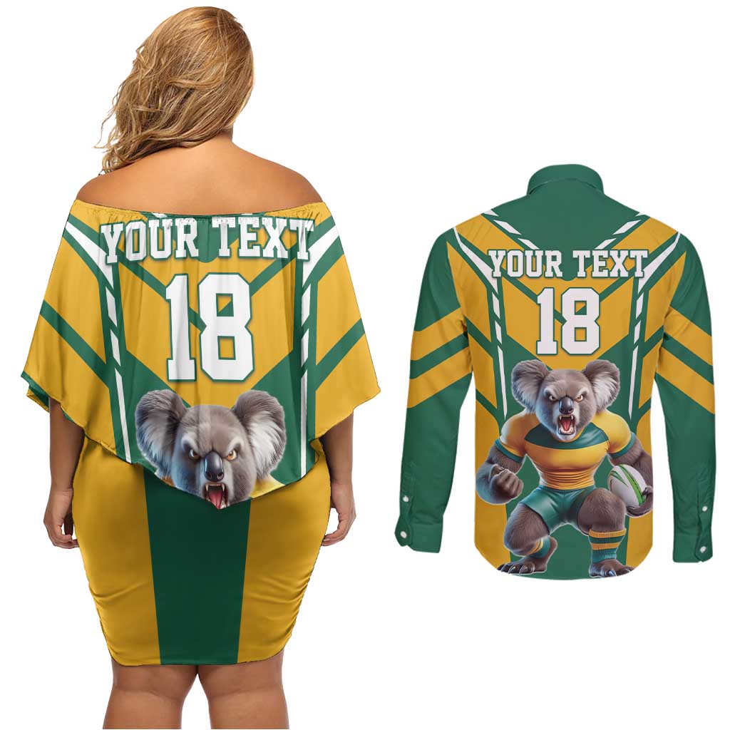 Custom Australia Rugby Couples Matching Off Shoulder Short Dress and Long Sleeve Button Shirt Koala Mascot Sporty Style - Aussie Hoodie