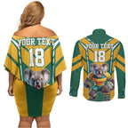 Custom Australia Rugby Couples Matching Off Shoulder Short Dress and Long Sleeve Button Shirt Koala Mascot Sporty Style - Aussie Hoodie