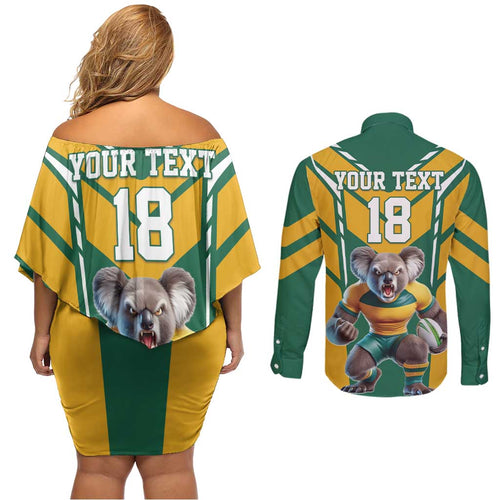 Custom Australia Rugby Couples Matching Off Shoulder Short Dress and Long Sleeve Button Shirt Koala Mascot Sporty Style - Aussie Hoodie