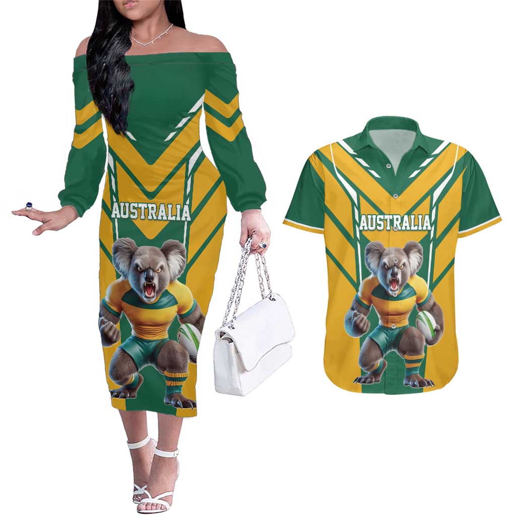Custom Australia Rugby Couples Matching Off The Shoulder Long Sleeve Dress and Hawaiian Shirt Koala Mascot Sporty Style - Aussie Hoodie