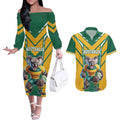 Custom Australia Rugby Couples Matching Off The Shoulder Long Sleeve Dress and Hawaiian Shirt Koala Mascot Sporty Style - Aussie Hoodie