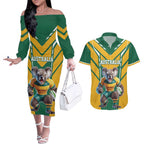 Custom Australia Rugby Couples Matching Off The Shoulder Long Sleeve Dress and Hawaiian Shirt Koala Mascot Sporty Style - Aussie Hoodie
