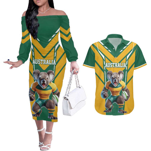 Custom Australia Rugby Couples Matching Off The Shoulder Long Sleeve Dress and Hawaiian Shirt Koala Mascot Sporty Style - Aussie Hoodie