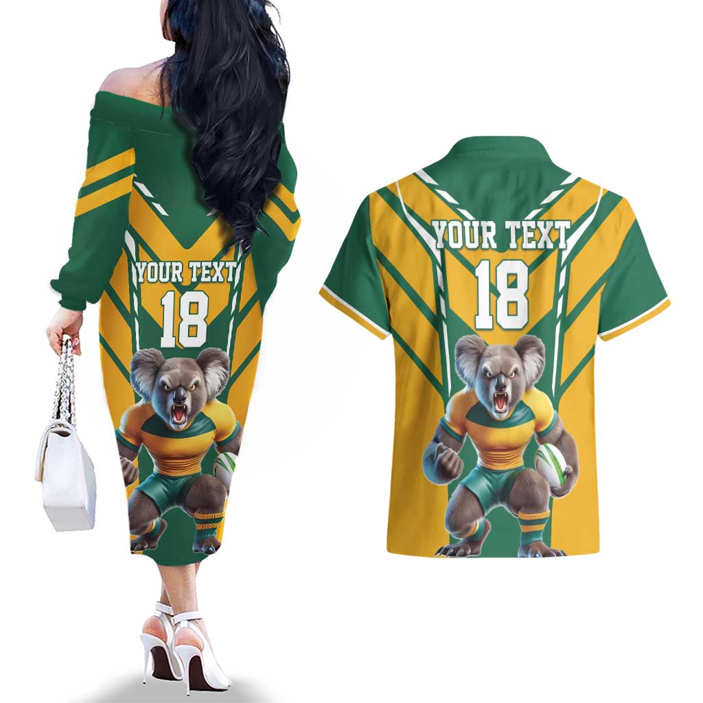 Custom Australia Rugby Couples Matching Off The Shoulder Long Sleeve Dress and Hawaiian Shirt Koala Mascot Sporty Style - Aussie Hoodie