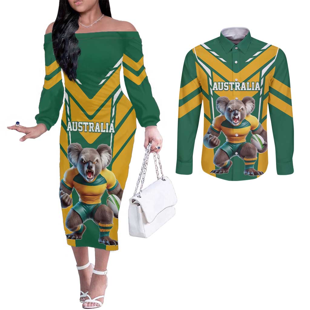 Custom Australia Rugby Couples Matching Off The Shoulder Long Sleeve Dress and Long Sleeve Button Shirt Koala Mascot Sporty Style - Aussie Hoodie
