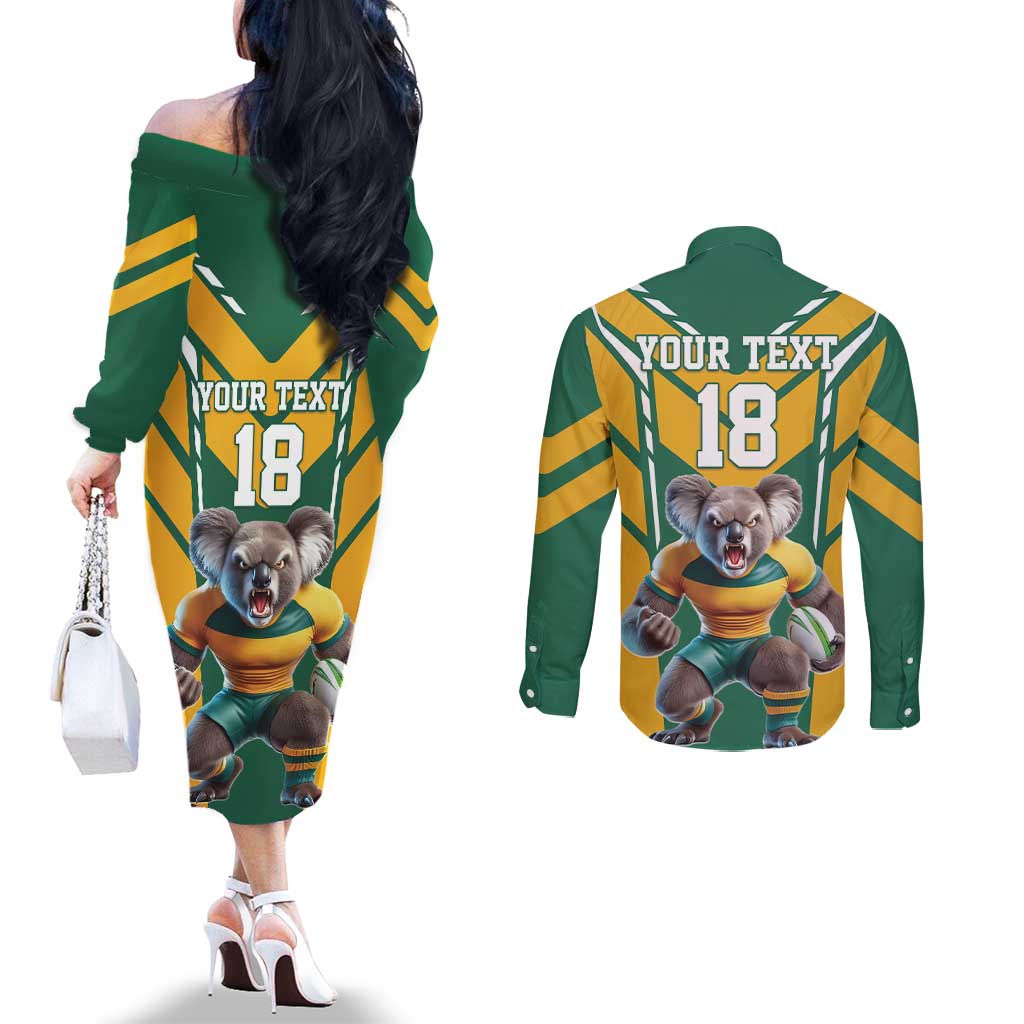 Custom Australia Rugby Couples Matching Off The Shoulder Long Sleeve Dress and Long Sleeve Button Shirt Koala Mascot Sporty Style - Aussie Hoodie