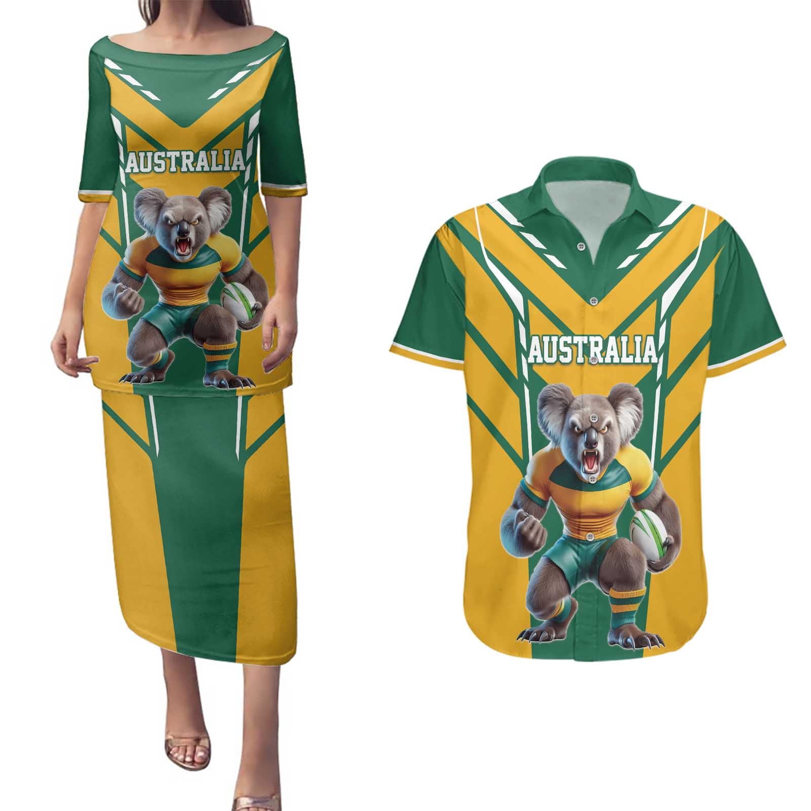 Custom Australia Rugby Couples Matching Puletasi and Hawaiian Shirt Koala Mascot Sporty Style - Aussie Hoodie
