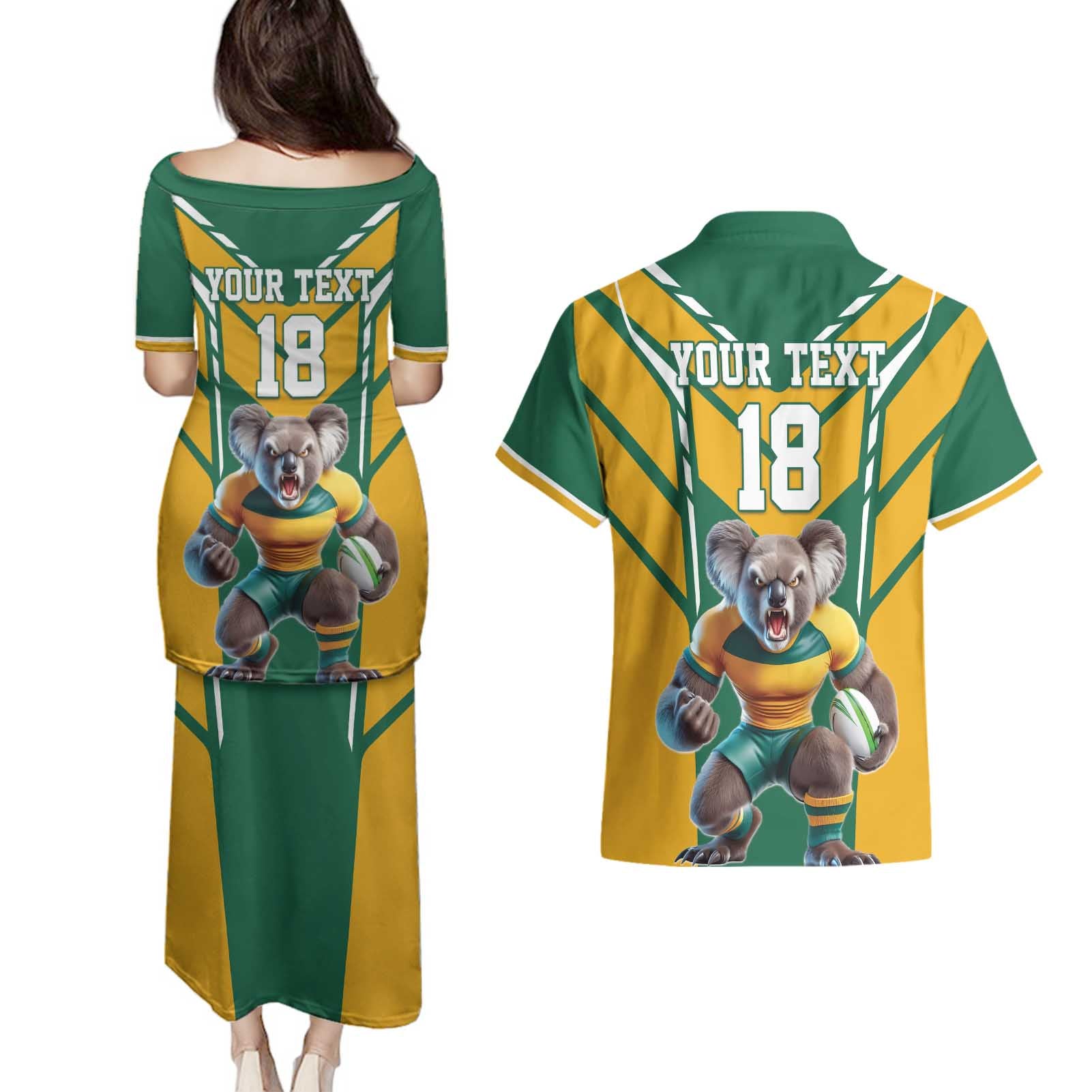 Custom Australia Rugby Couples Matching Puletasi and Hawaiian Shirt Koala Mascot Sporty Style - Aussie Hoodie