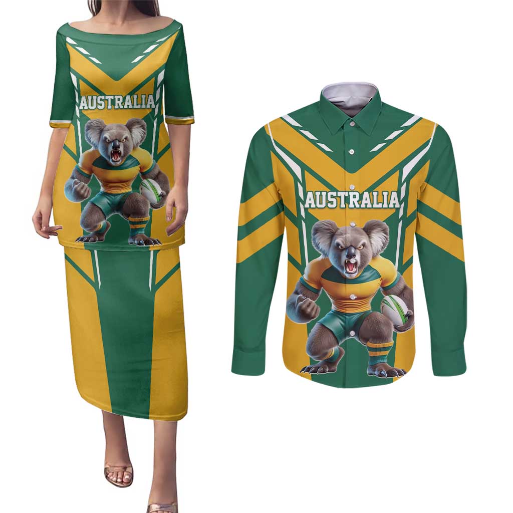 Custom Australia Rugby Couples Matching Puletasi and Long Sleeve Button Shirt Koala Mascot Sporty Style - Aussie Hoodie