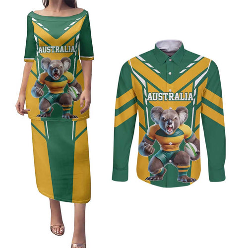 Custom Australia Rugby Couples Matching Puletasi and Long Sleeve Button Shirt Koala Mascot Sporty Style - Aussie Hoodie
