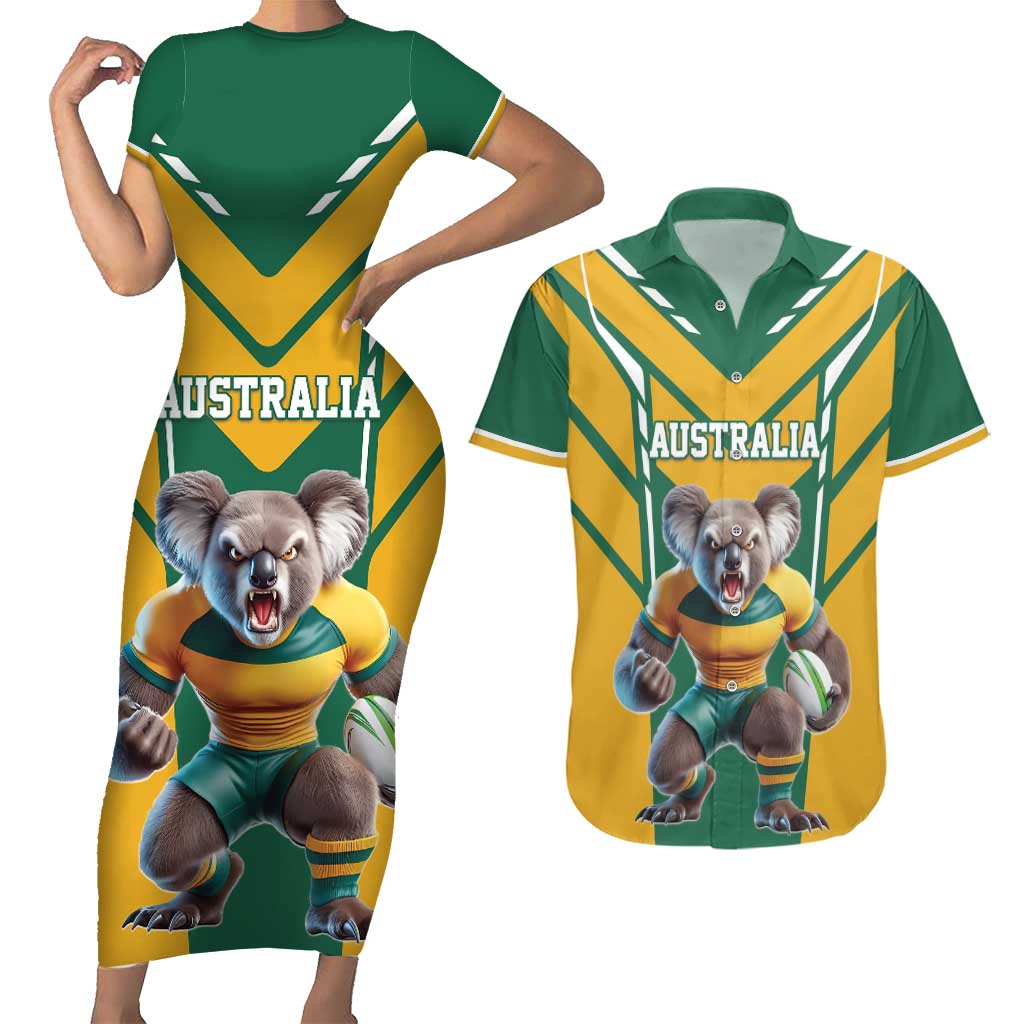Custom Australia Rugby Couples Matching Short Sleeve Bodycon Dress and Hawaiian Shirt Koala Mascot Sporty Style - Aussie Hoodie