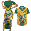 Custom Australia Rugby Couples Matching Short Sleeve Bodycon Dress and Hawaiian Shirt Koala Mascot Sporty Style - Aussie Hoodie