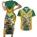 Custom Australia Rugby Couples Matching Short Sleeve Bodycon Dress and Hawaiian Shirt Koala Mascot Sporty Style - Aussie Hoodie