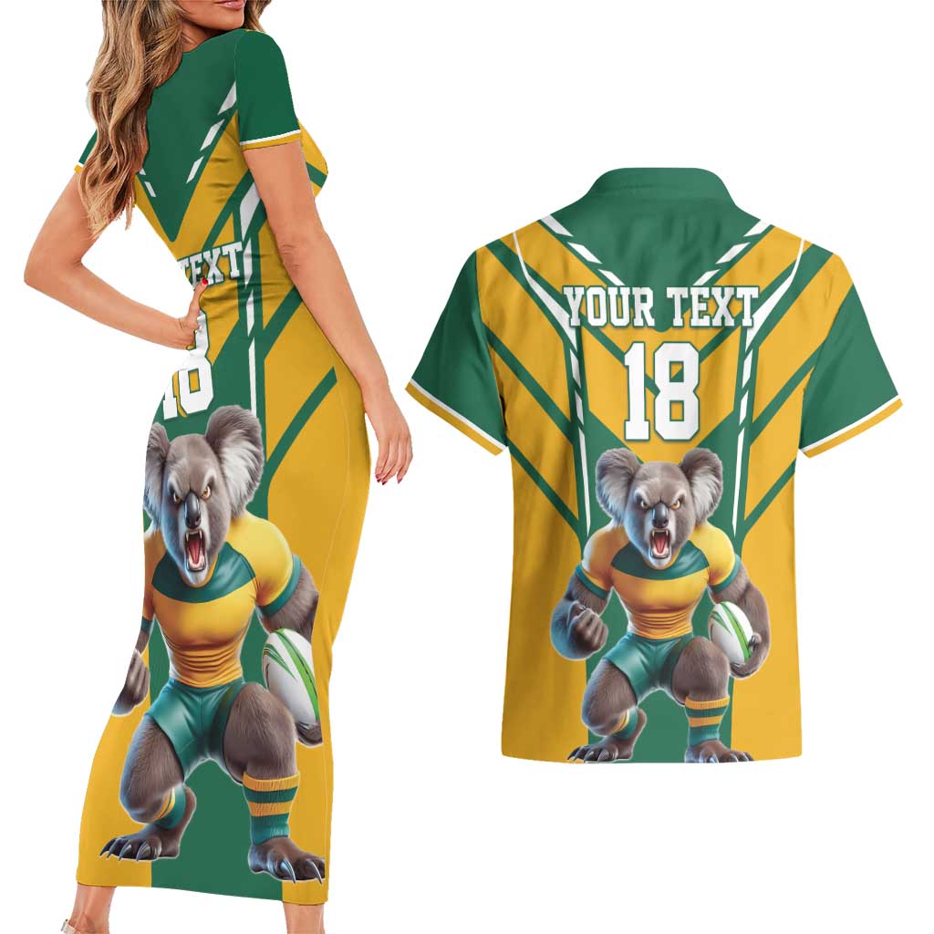 Custom Australia Rugby Couples Matching Short Sleeve Bodycon Dress and Hawaiian Shirt Koala Mascot Sporty Style - Aussie Hoodie