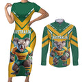 Custom Australia Rugby Couples Matching Short Sleeve Bodycon Dress and Long Sleeve Button Shirt Koala Mascot Sporty Style - Aussie Hoodie