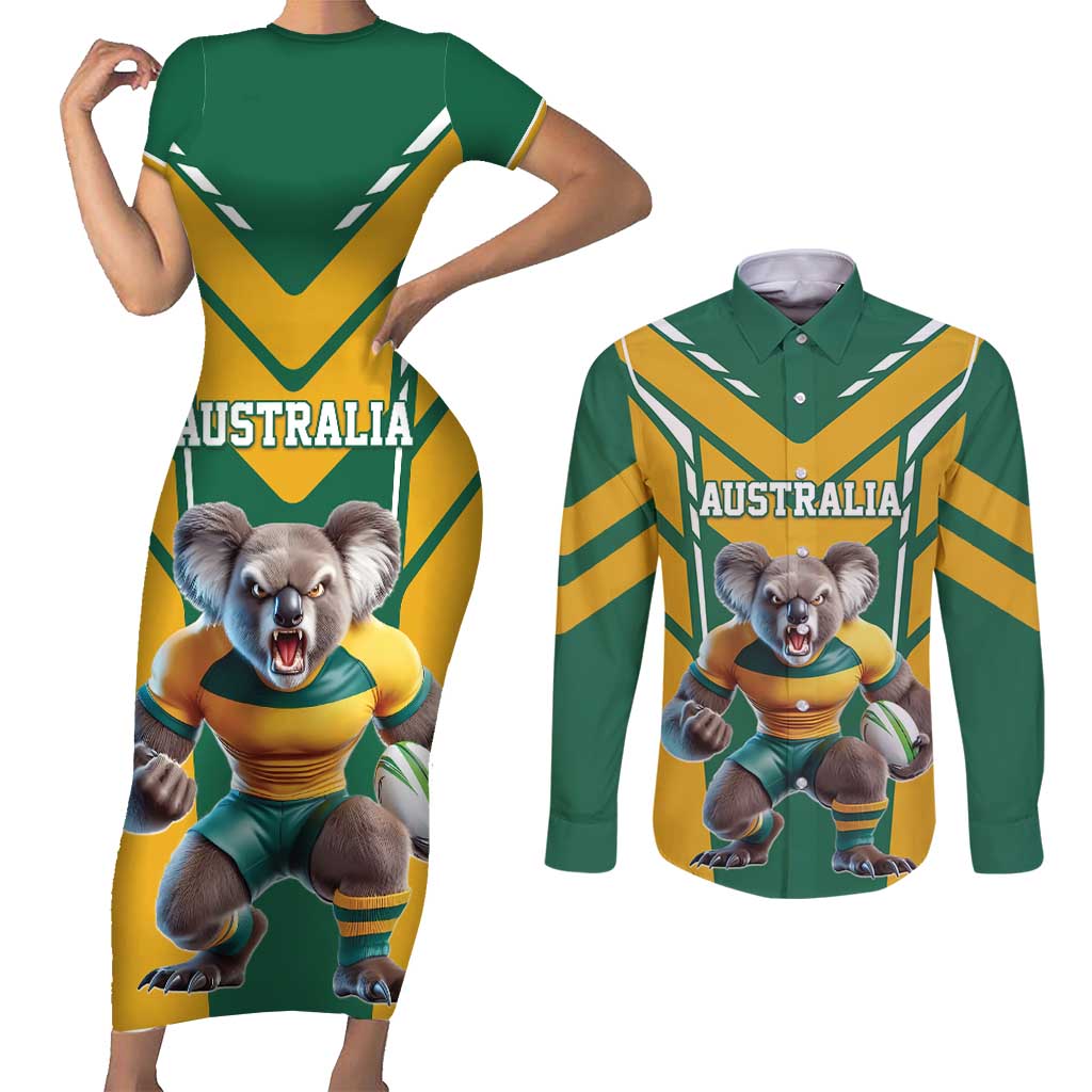 Custom Australia Rugby Couples Matching Short Sleeve Bodycon Dress and Long Sleeve Button Shirt Koala Mascot Sporty Style - Aussie Hoodie