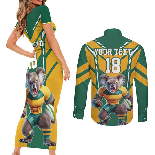 Custom Australia Rugby Couples Matching Short Sleeve Bodycon Dress and Long Sleeve Button Shirt Koala Mascot Sporty Style - Aussie Hoodie