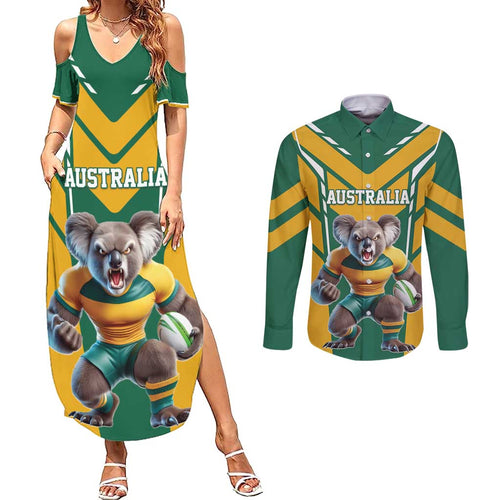 Custom Australia Rugby Couples Matching Summer Maxi Dress and Long Sleeve Button Shirt Koala Mascot Sporty Style - Aussie Hoodie