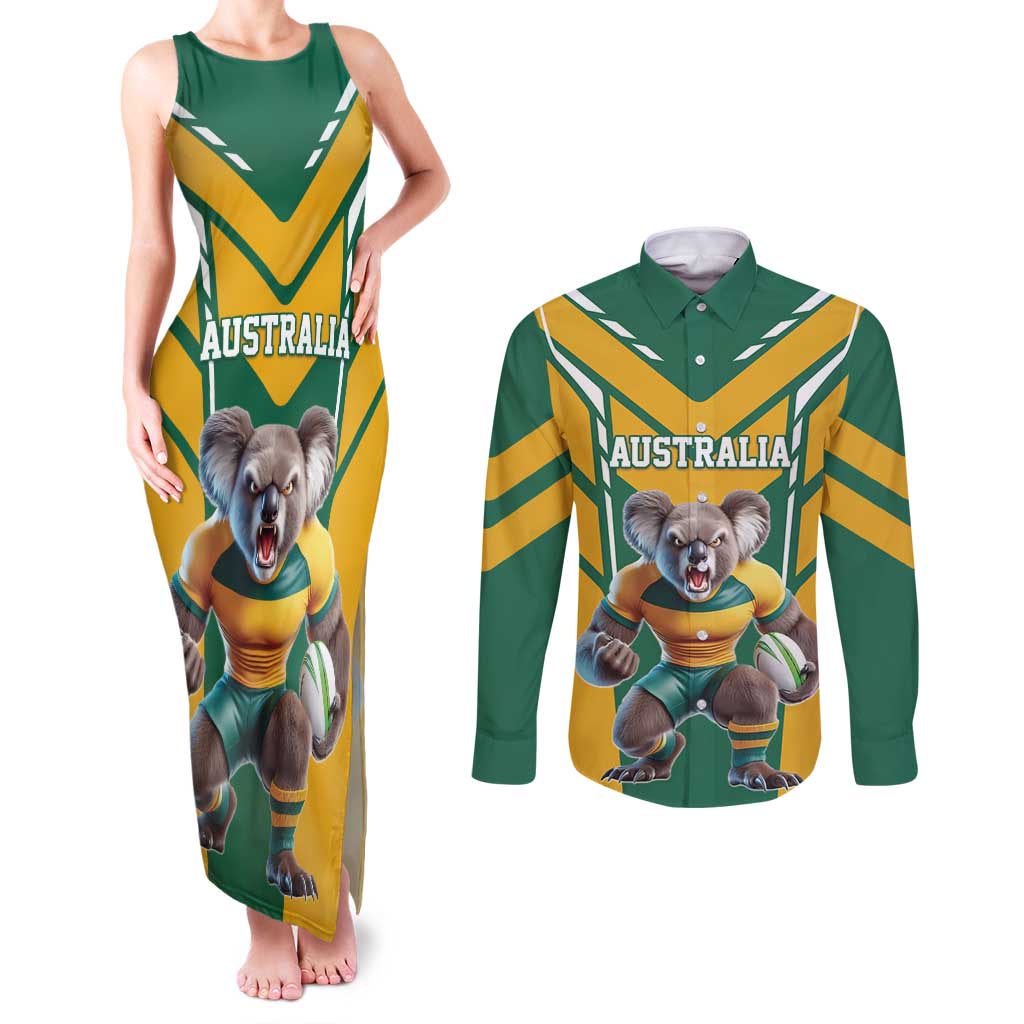 Custom Australia Rugby Couples Matching Tank Maxi Dress and Long Sleeve Button Shirt Koala Mascot Sporty Style - Aussie Hoodie