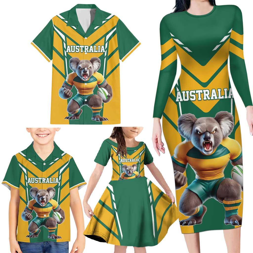 Custom Australia Rugby Family Matching Long Sleeve Bodycon Dress and Hawaiian Shirt Koala Mascot Sporty Style - Aussie Hoodie