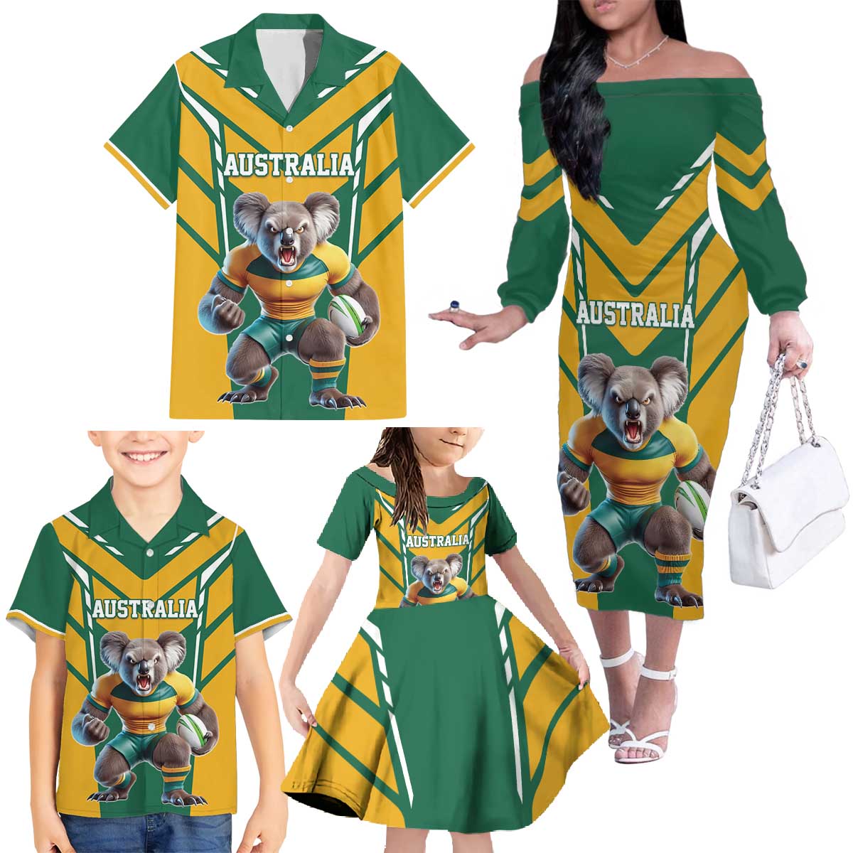 Custom Australia Rugby Family Matching Off The Shoulder Long Sleeve Dress and Hawaiian Shirt Koala Mascot Sporty Style - Aussie Hoodie