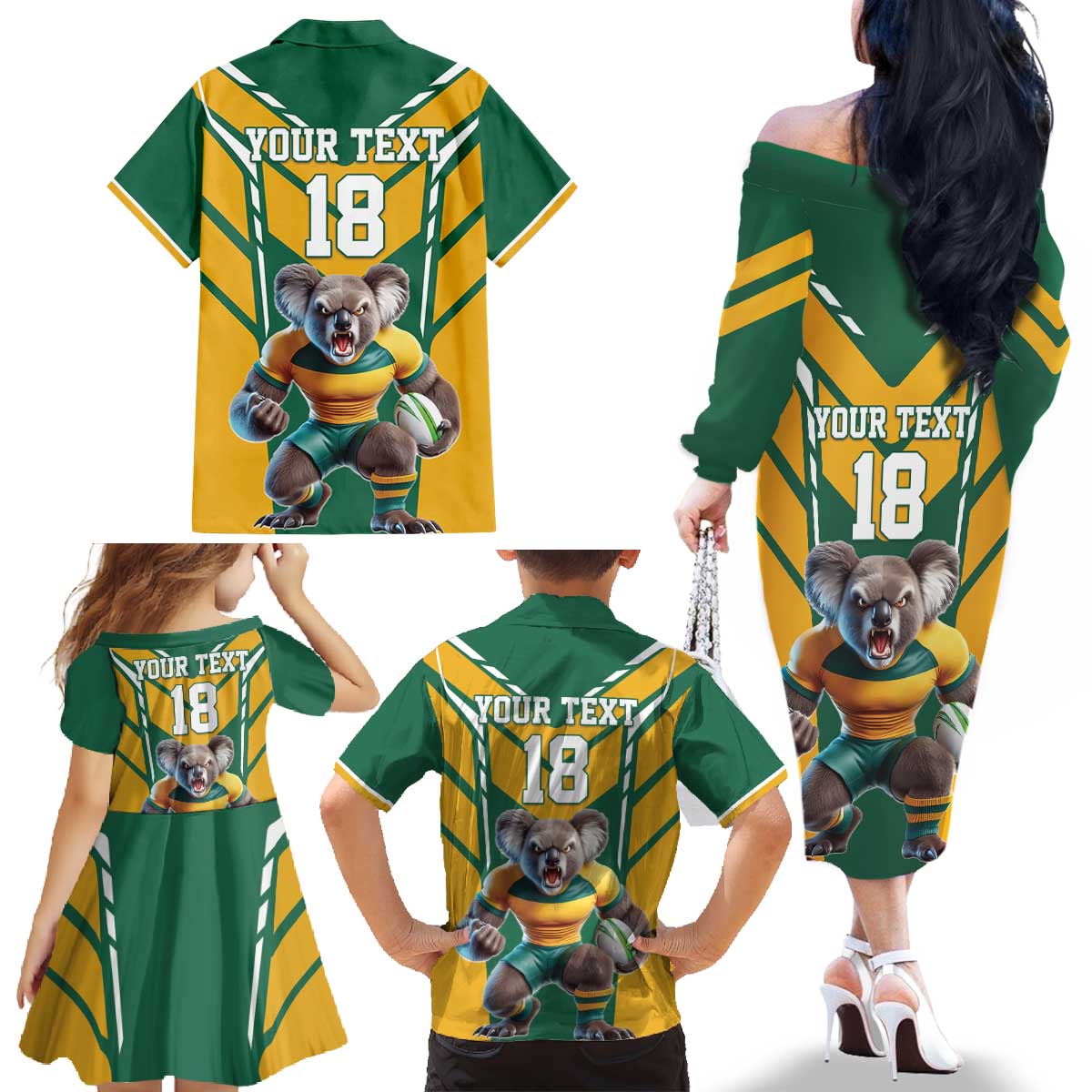 Custom Australia Rugby Family Matching Off The Shoulder Long Sleeve Dress and Hawaiian Shirt Koala Mascot Sporty Style - Aussie Hoodie
