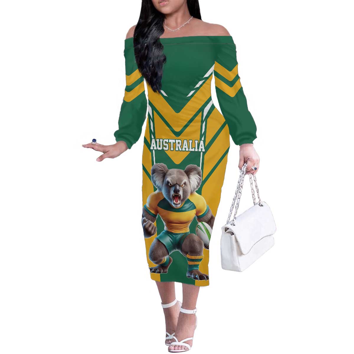 Custom Australia Rugby Family Matching Off The Shoulder Long Sleeve Dress and Hawaiian Shirt Koala Mascot Sporty Style - Aussie Hoodie