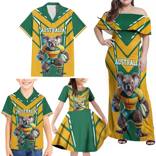 Custom Australia Rugby Family Matching Off Shoulder Maxi Dress and Hawaiian Shirt Koala Mascot Sporty Style - Aussie Hoodie
