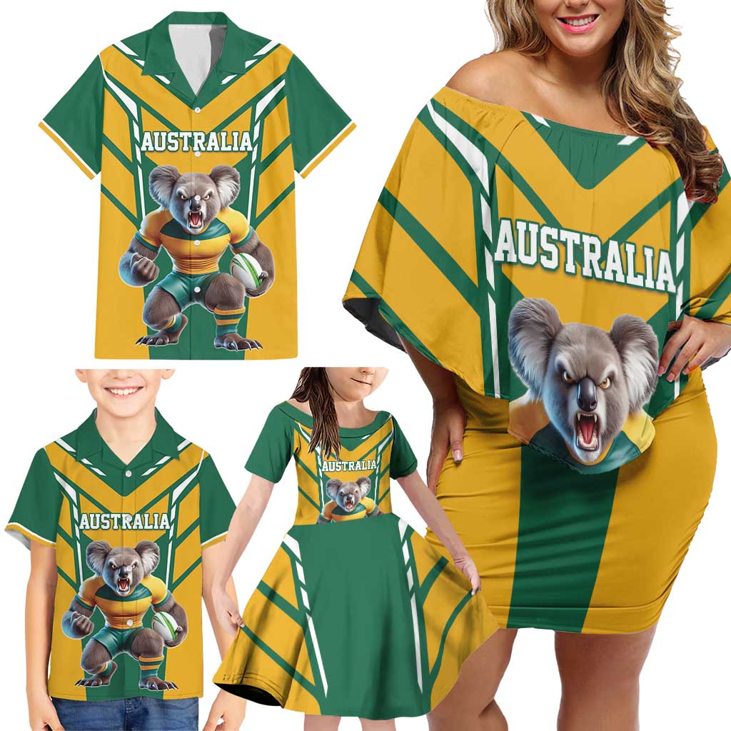 Custom Australia Rugby Family Matching Off Shoulder Short Dress and Hawaiian Shirt Koala Mascot Sporty Style - Aussie Hoodie