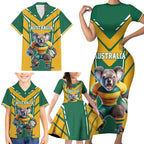 Custom Australia Rugby Family Matching Short Sleeve Bodycon Dress and Hawaiian Shirt Koala Mascot Sporty Style - Aussie Hoodie