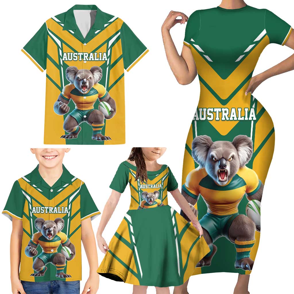 Custom Australia Rugby Family Matching Short Sleeve Bodycon Dress and Hawaiian Shirt Koala Mascot Sporty Style - Aussie Hoodie
