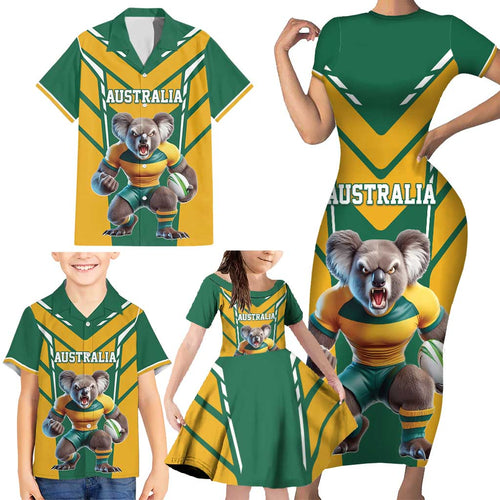 Custom Australia Rugby Family Matching Short Sleeve Bodycon Dress and Hawaiian Shirt Koala Mascot Sporty Style - Aussie Hoodie