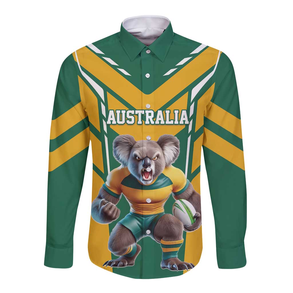 Custom Australia Rugby Long Sleeve Button Shirt Koala Mascot Sporty Style - Aussie Hoodie