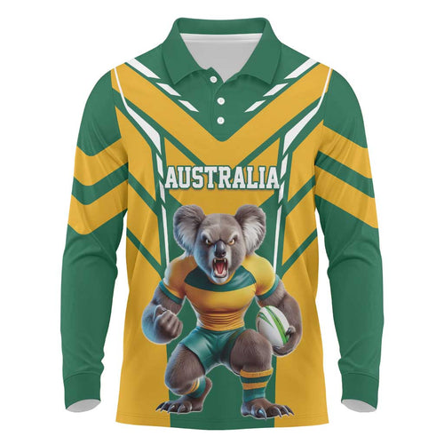 Custom Australia Rugby Long Sleeve Polo Shirt Koala Mascot Sporty Style - Aussie Hoodie
