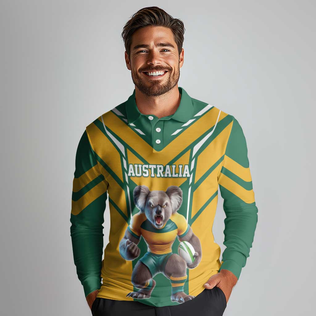 Custom Australia Rugby Long Sleeve Polo Shirt Koala Mascot Sporty Style - Aussie Hoodie