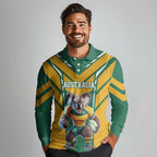 Custom Australia Rugby Long Sleeve Polo Shirt Koala Mascot Sporty Style - Aussie Hoodie