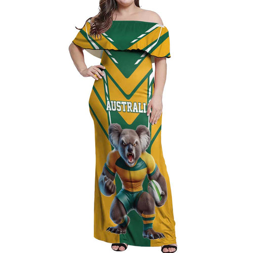 Custom Australia Rugby Off Shoulder Maxi Dress Koala Mascot Sporty Style - Aussie Hoodie