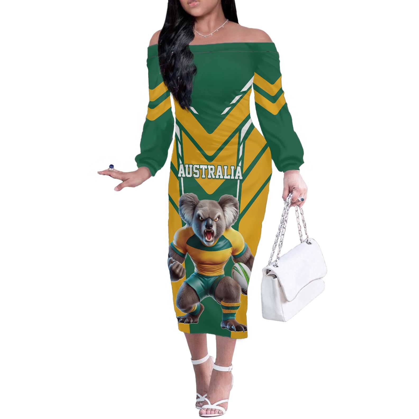Custom Australia Rugby Off The Shoulder Long Sleeve Dress Koala Mascot Sporty Style - Aussie Hoodie