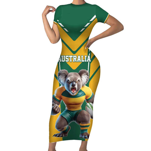 Custom Australia Rugby Short Sleeve Bodycon Dress Koala Mascot Sporty Style - Aussie Hoodie
