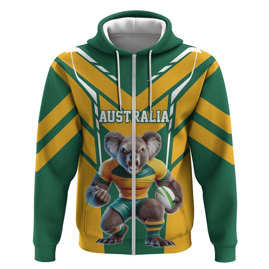 Custom Australia Rugby Zip Hoodie Koala Mascot Sporty Style - Aussie Hoodie