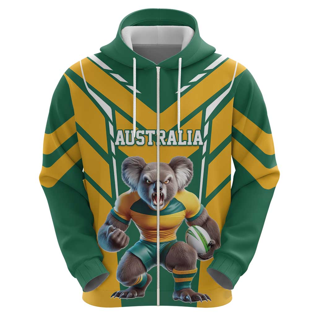 Custom Australia Rugby Zip Hoodie Koala Mascot Sporty Style - Aussie Hoodie
