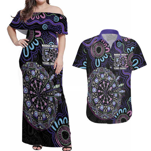 First Nations Darts NAIDOC 2026 Couples Matching Off Shoulder Maxi Dress and Hawaiian Shirt Aboriginal Dot Art
