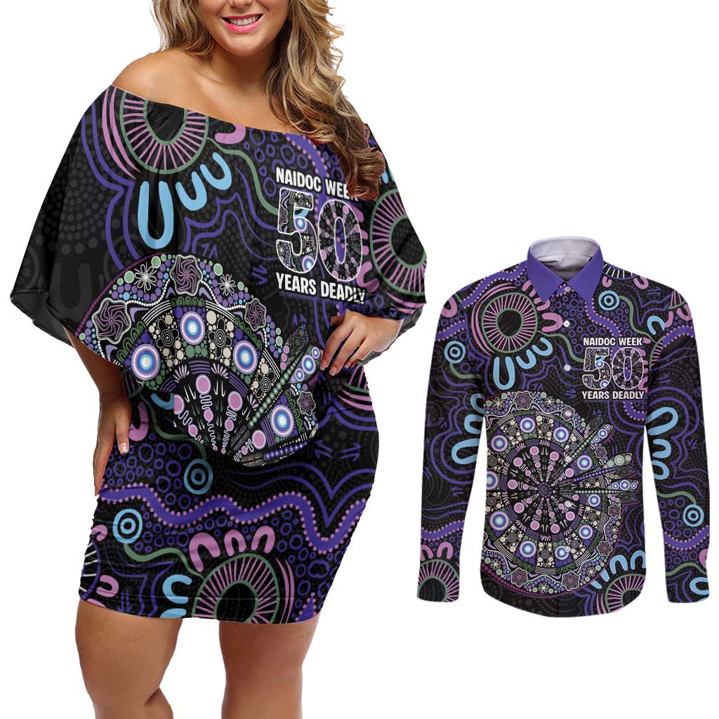 First Nations Darts NAIDOC 2026 Couples Matching Off Shoulder Short Dress and Long Sleeve Button Shirt Aboriginal Dot Art